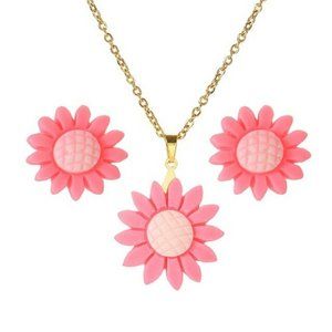Stainless Steel Gold Colored Chain & Earrings with Pink Colored Sunflowers